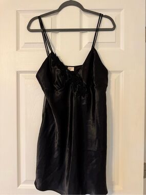 Victoria's Secret Gold Label Black Satin Slip with Floral Lace Applique